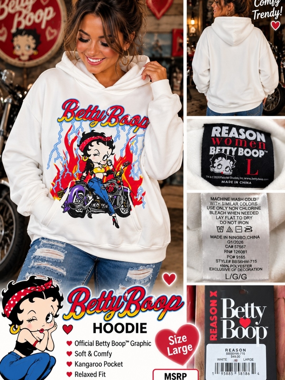 Ladies Betty Boop White Motorcycle Hoodie
